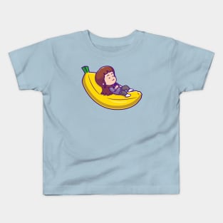 Cute Girl Sleeping On Bananas Cartoon Kids T-Shirt